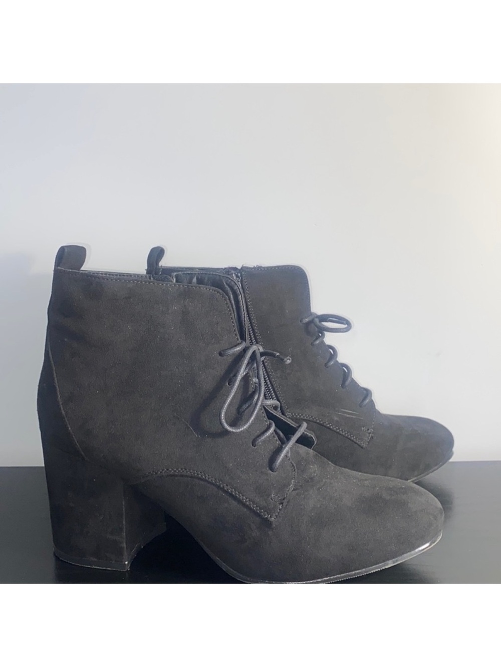 Shoe Dazzle Black Suede Lace-Up Block Heel Ankle Boots